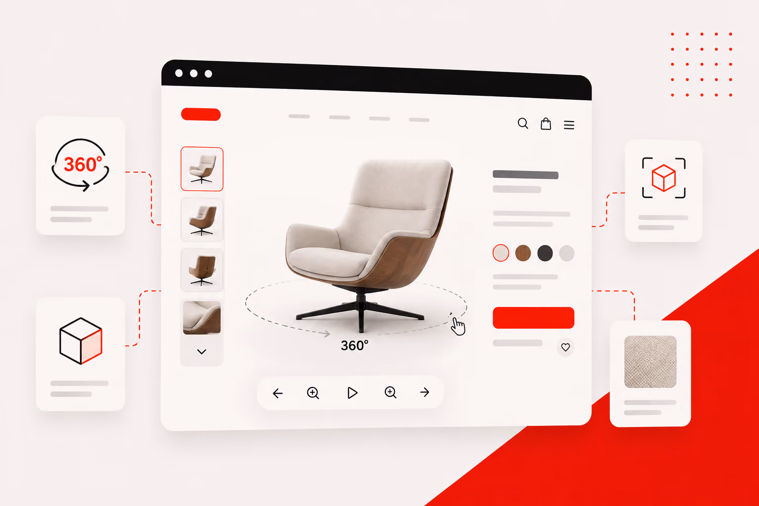 360-degree online product preview of a modern swivel chair with fabric and wood options.