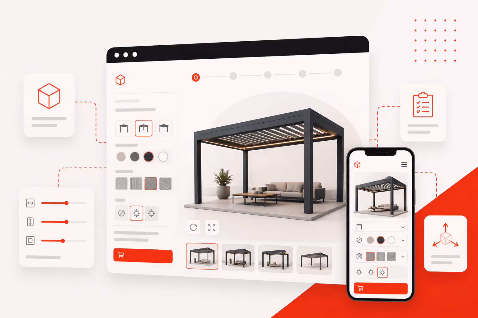 3D configurator screen and mobile view showing customizable modern outdoor pergola with furniture.
