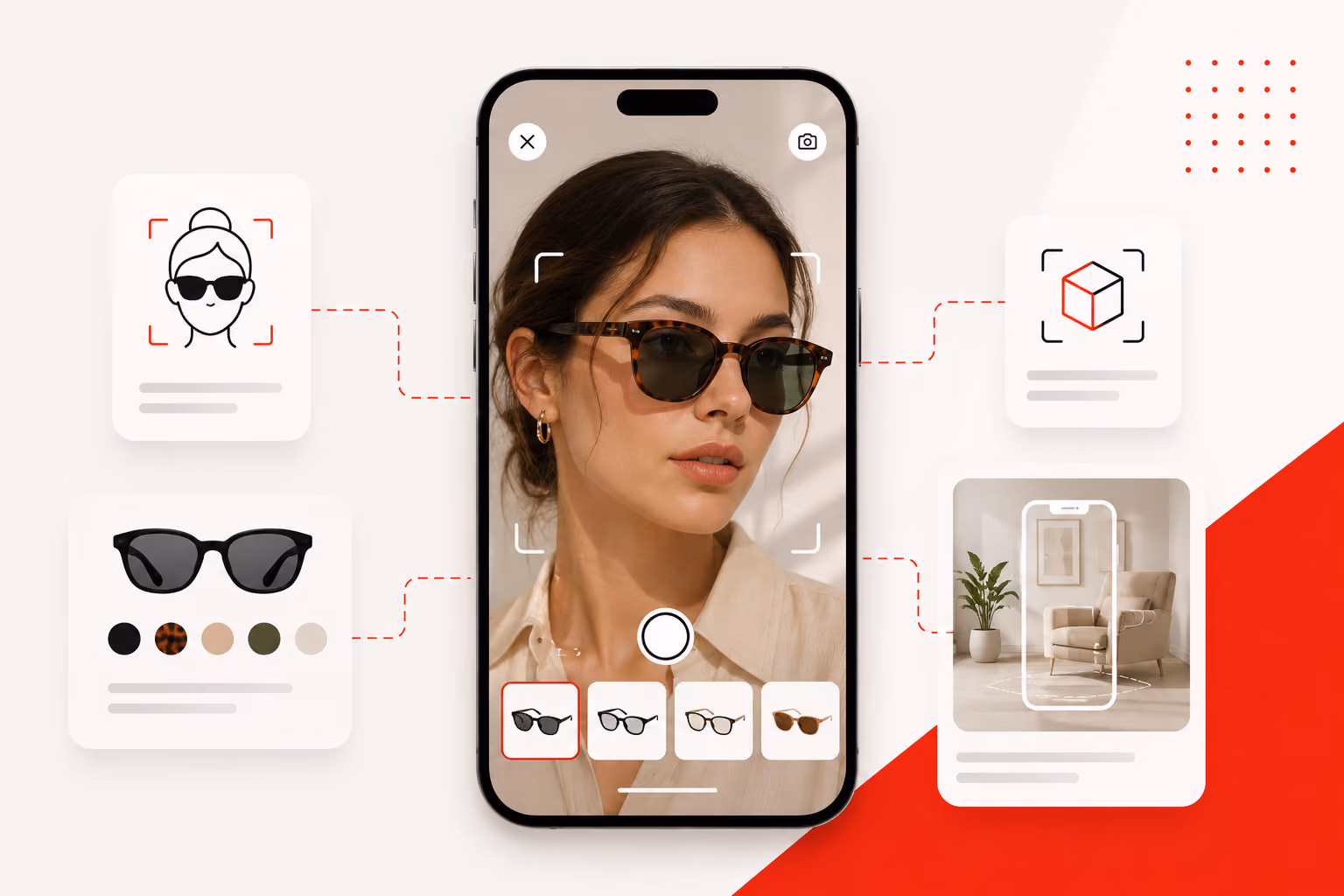 Smartphone screen showing a woman virtually trying on sunglasses with style and color options.