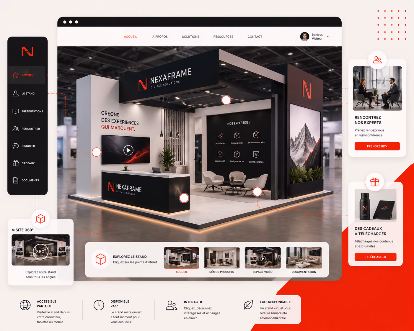 Virtual booth for Nexaframe digital solutions with expert meeting and downloadable gifts features.