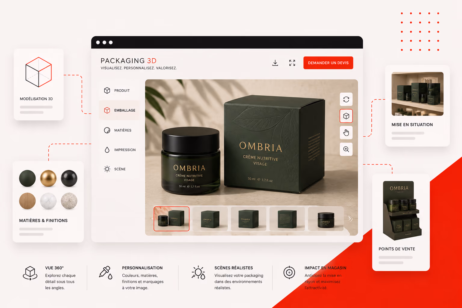 3D packaging design interface showing green Ombria cream jar and box with customization options.