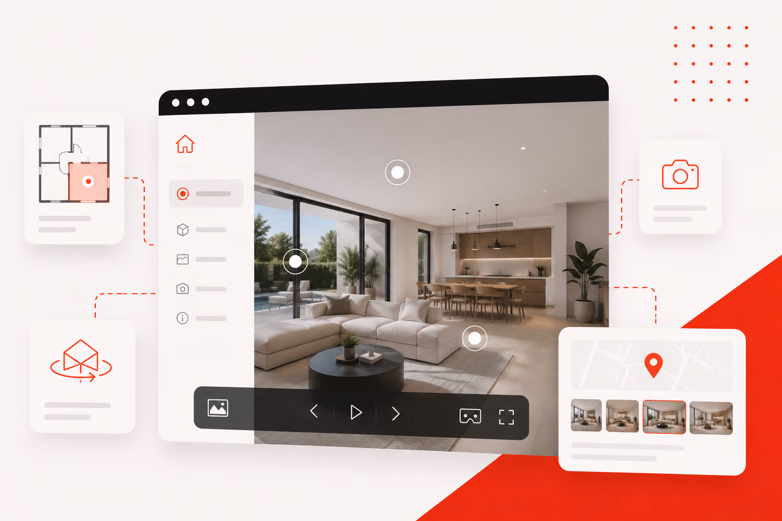 Virtual tour interface showing a modern living room and kitchen with navigation and floor plan icons.