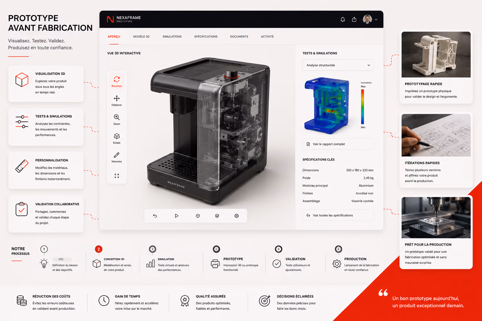 3D interactive prototype of a mechanical device with visualization, tests, and production steps on a web interface.