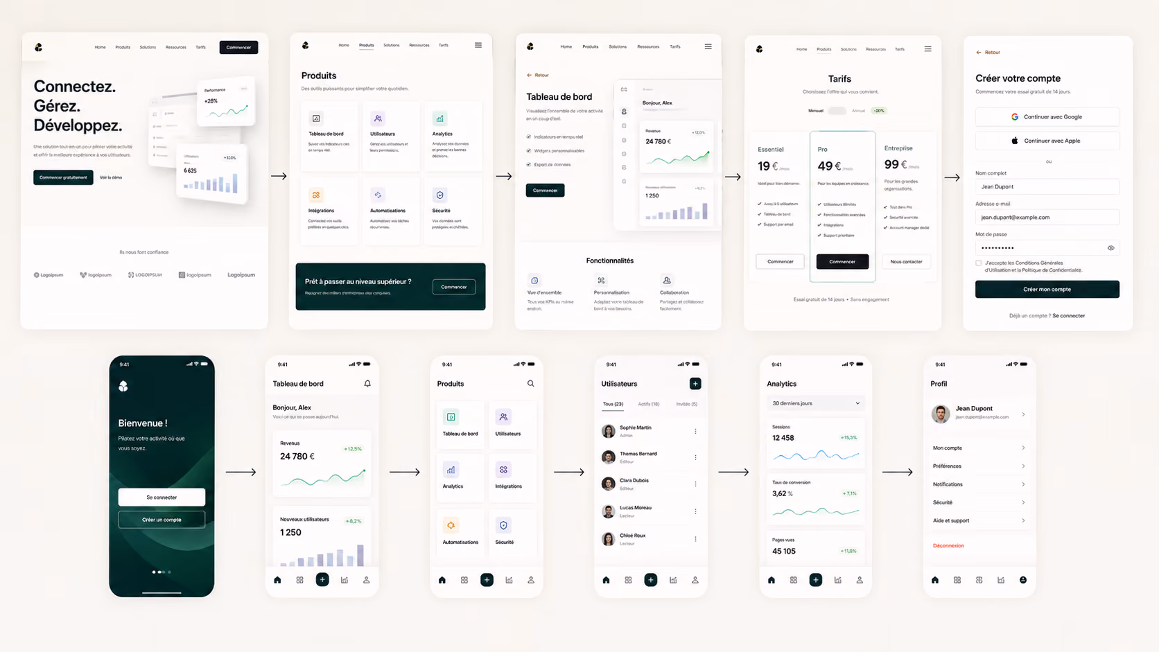 Dashboard and mobile app screens showing a business tool interface with product, user, analytics, pricing, and account views.