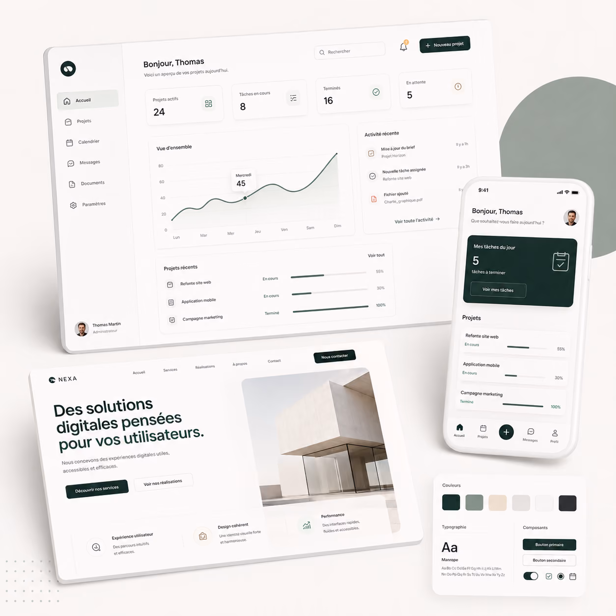 Dashboard and mobile screens showing project progress, tasks, and digital solutions with brand colors and typography.