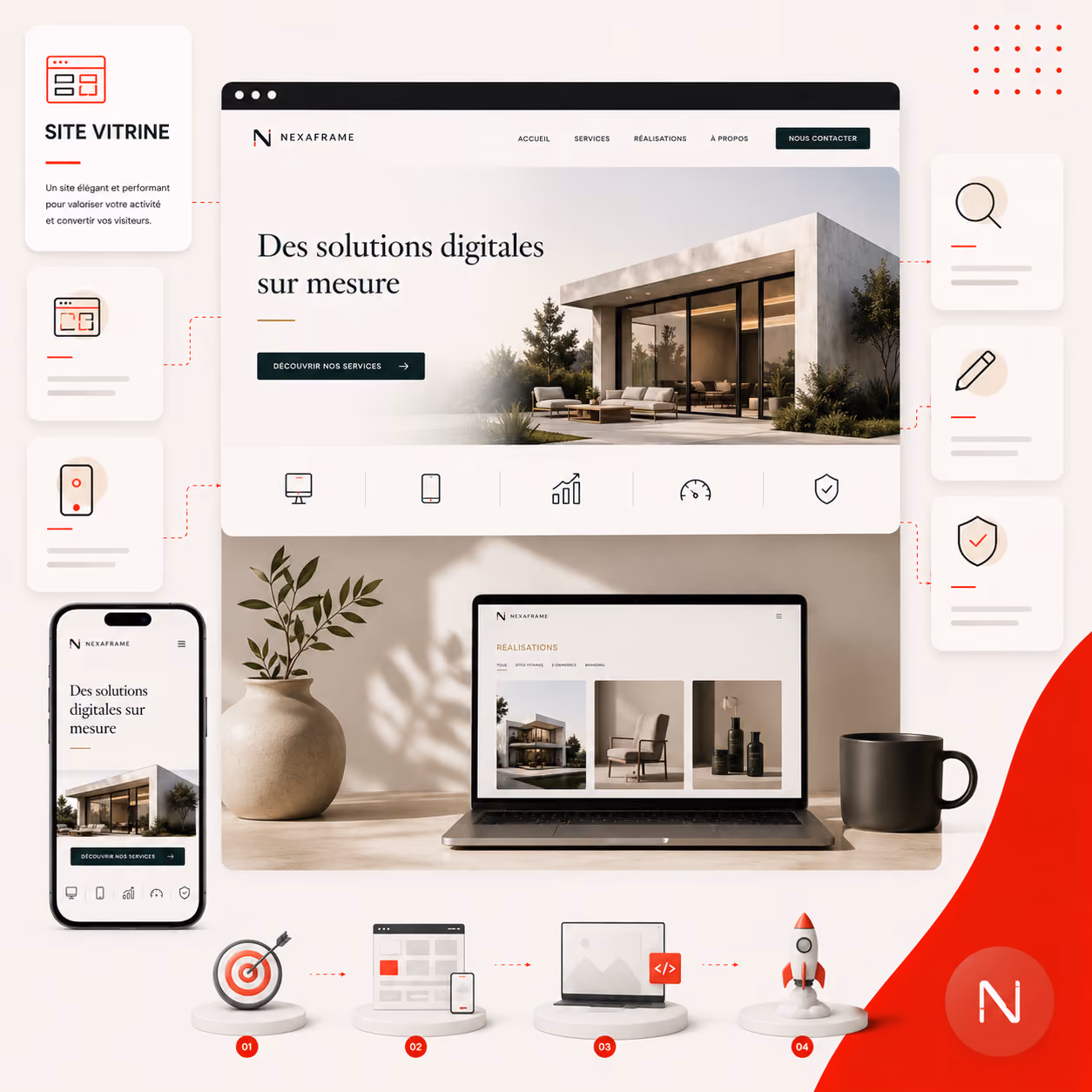 Digital solutions website shown on desktop and phone with icons and step-by-step service process.