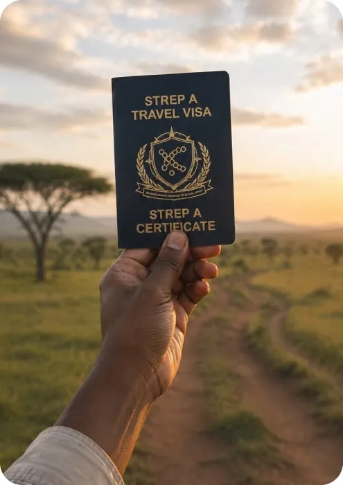 A hand holding up a dark passport against a savannah landscape at sunset