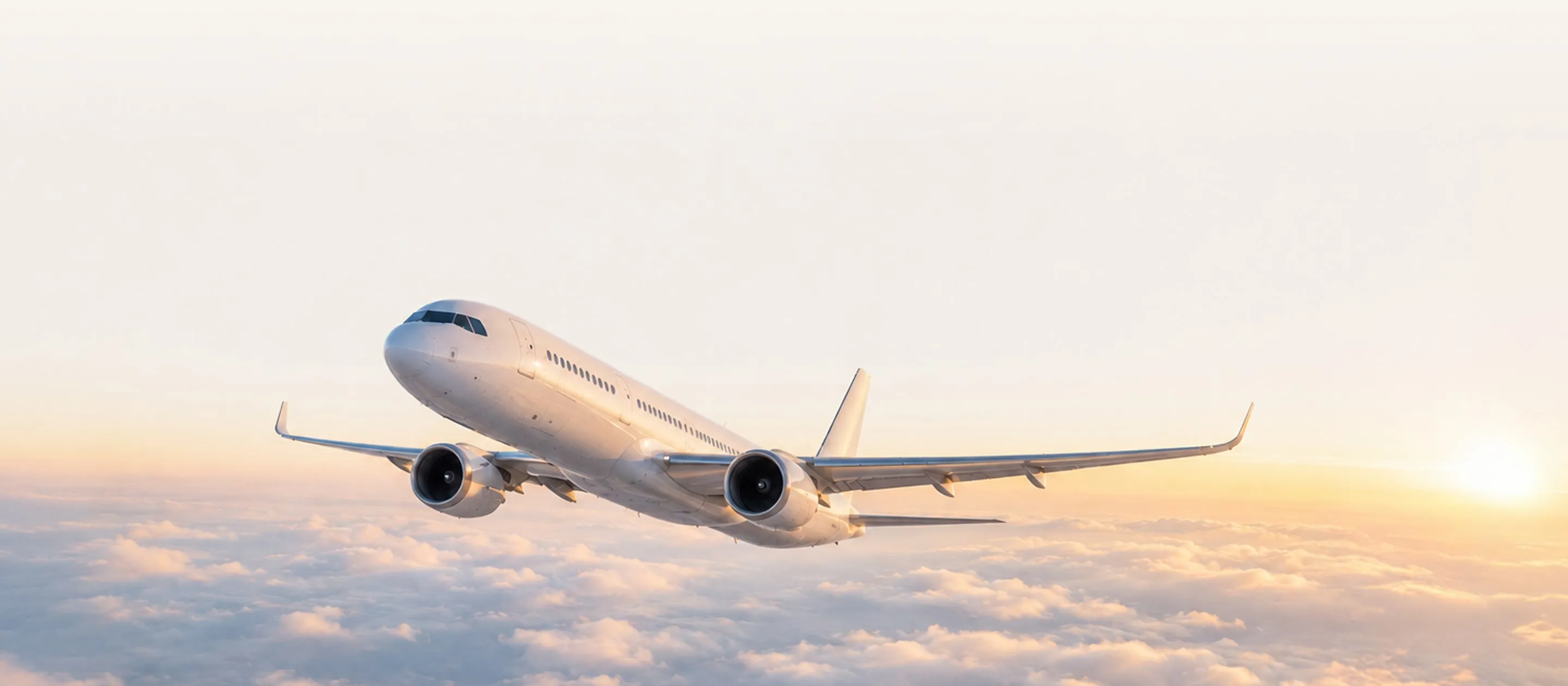 A passenger aircraft climbing above the clouds at sunrise