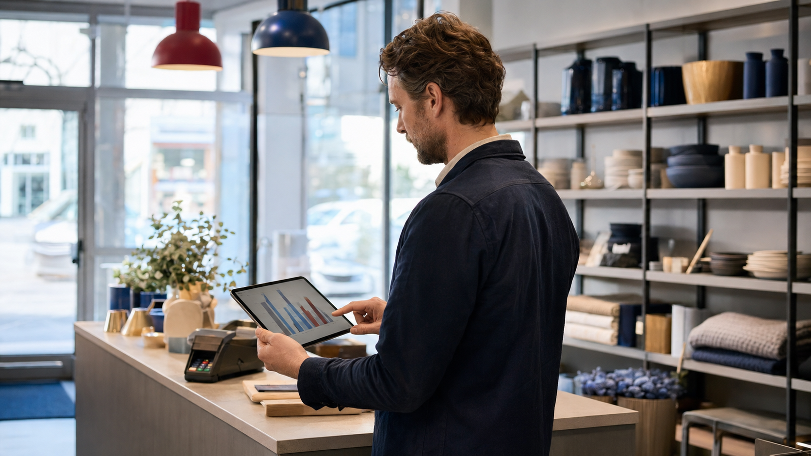Butikkeier følger salgsutviklingen på et nettbrett i en moderne norsk butikk