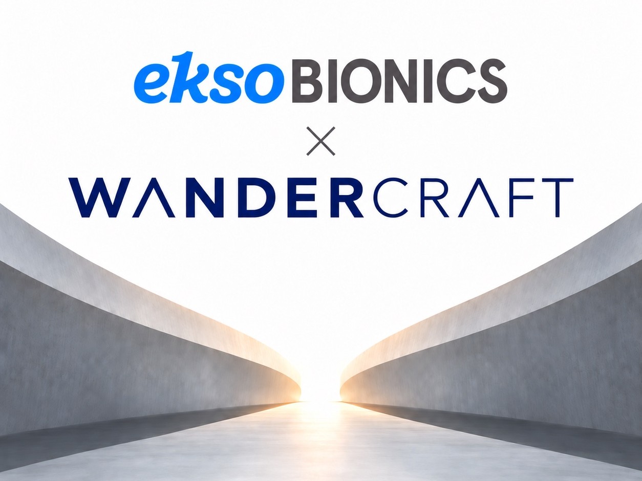 Ekso Bionics and Wandercraft logos above a sunlit path between two curved walls