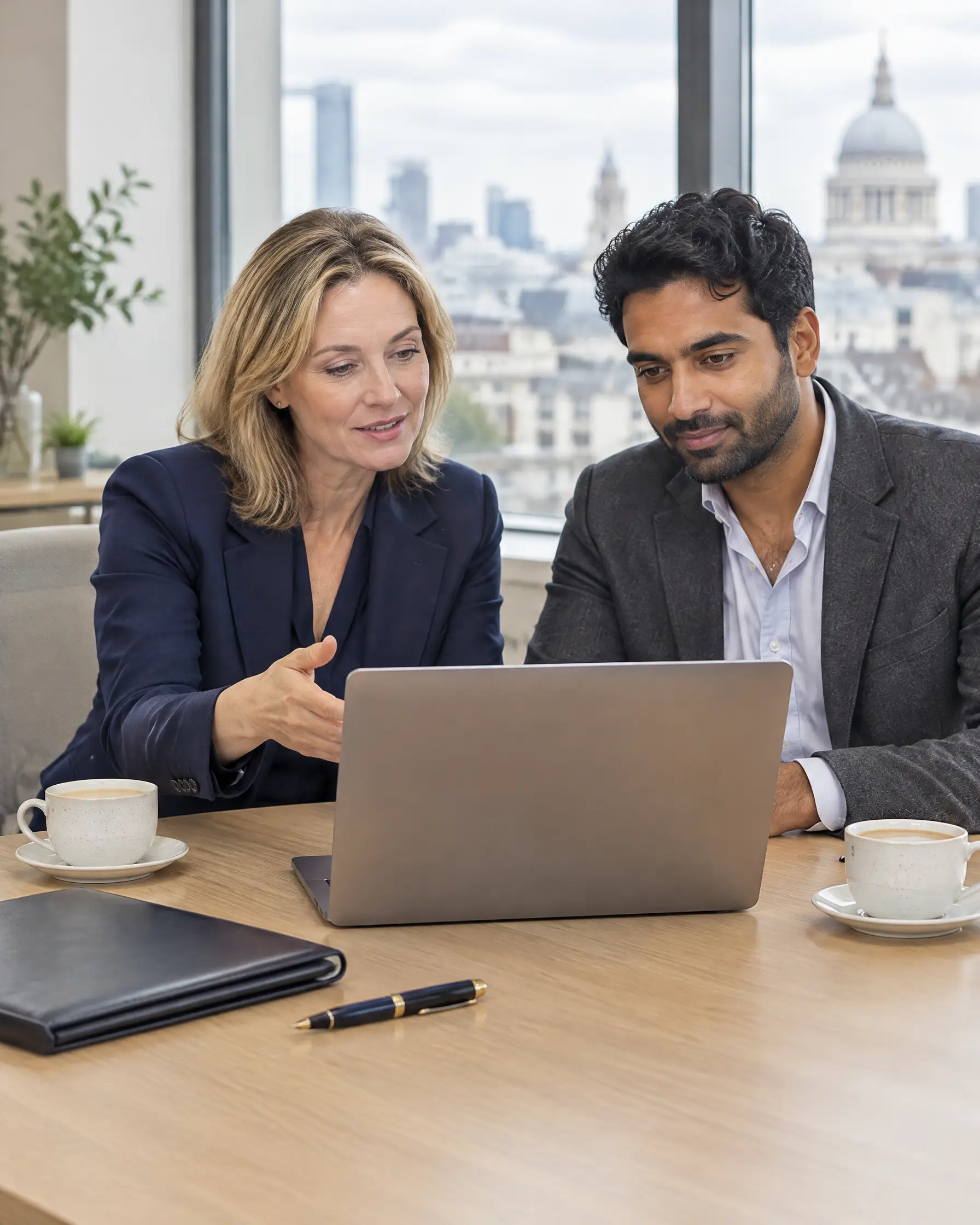 Solicitor advising a client at a laptop in a London office