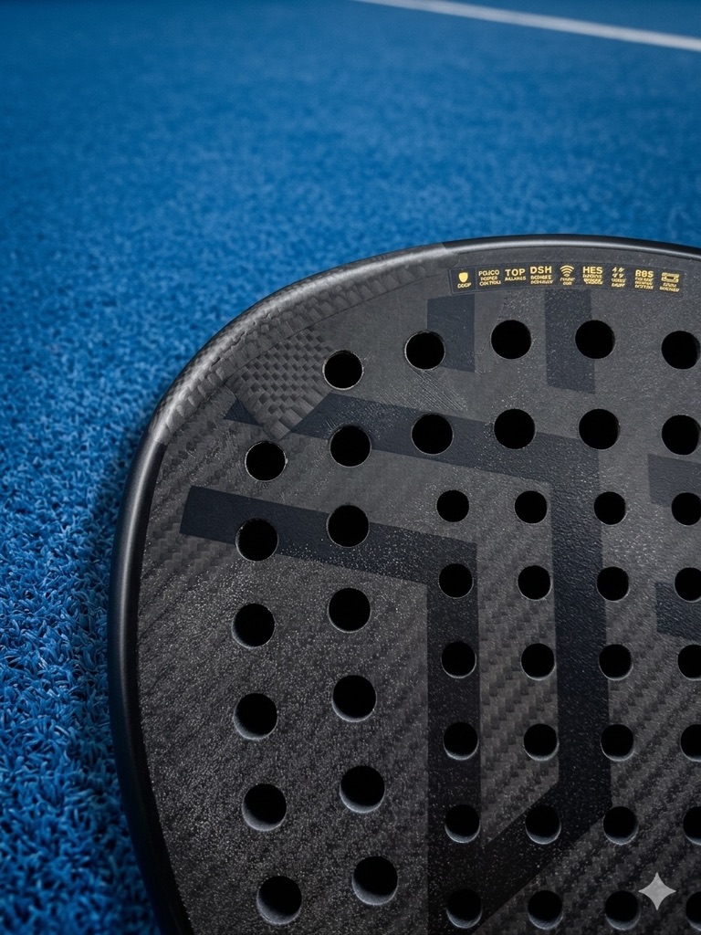 Close-up van een zwart padelracket met grafisch patroon naast de belijning van de padelbaan