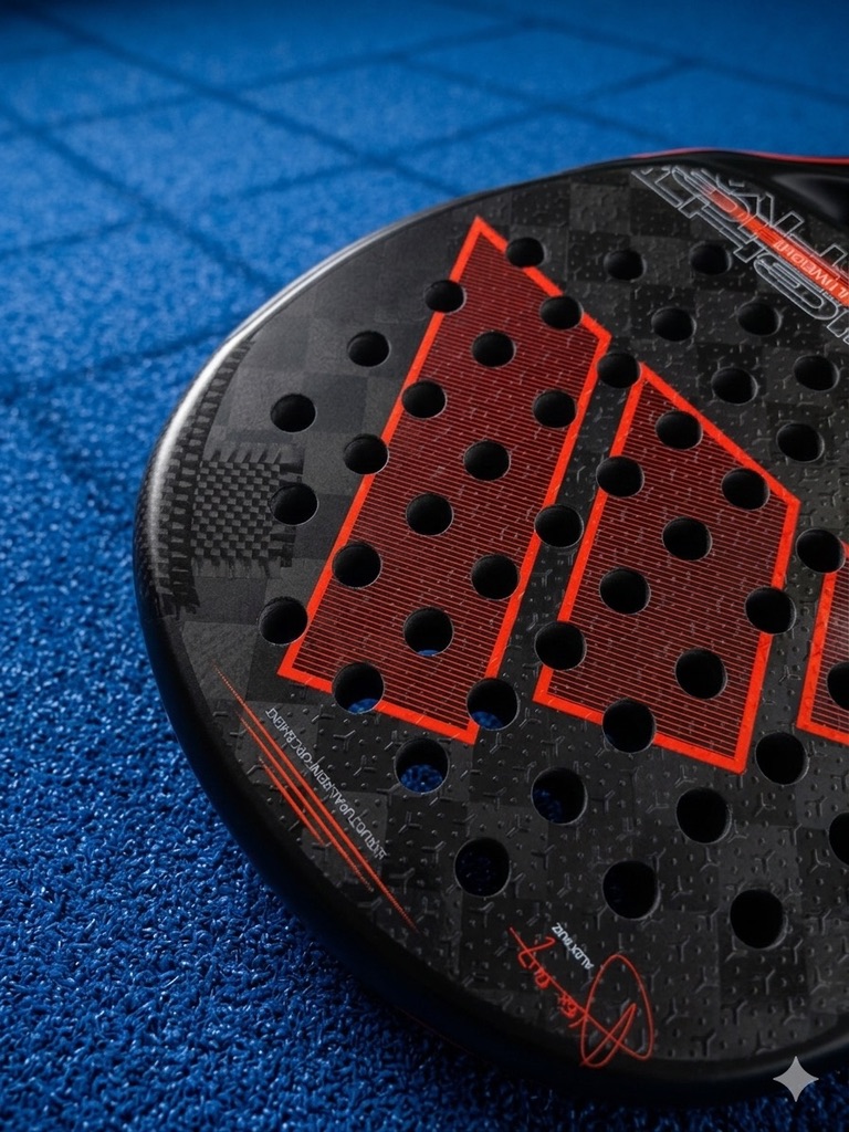 Close-up van een zwart padelracket met rood driehoekig patroon op het blad