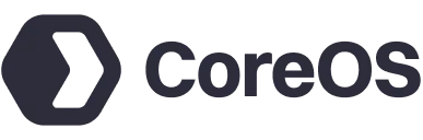 CoreOS company logo with abstract hexagon icon and text.