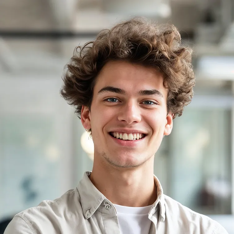 Young man with curly hair smiling, wearing a light shirt over a white t-shirt in a bright indoor setting.