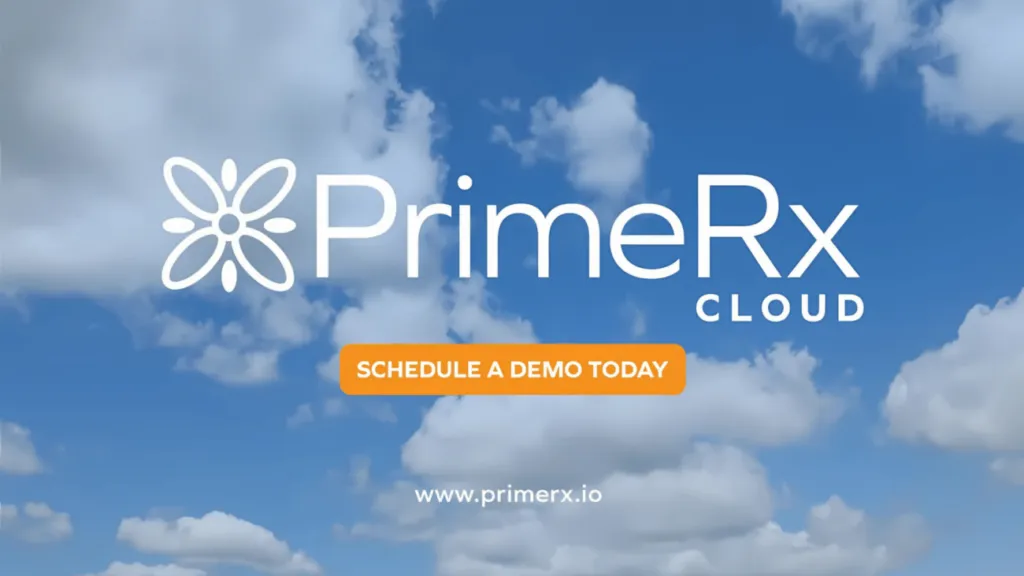 PrimeRx Cloud promotional graphic with a white logo over a blue sky, orange “Schedule a Demo Today” button, and the website primerx.io.