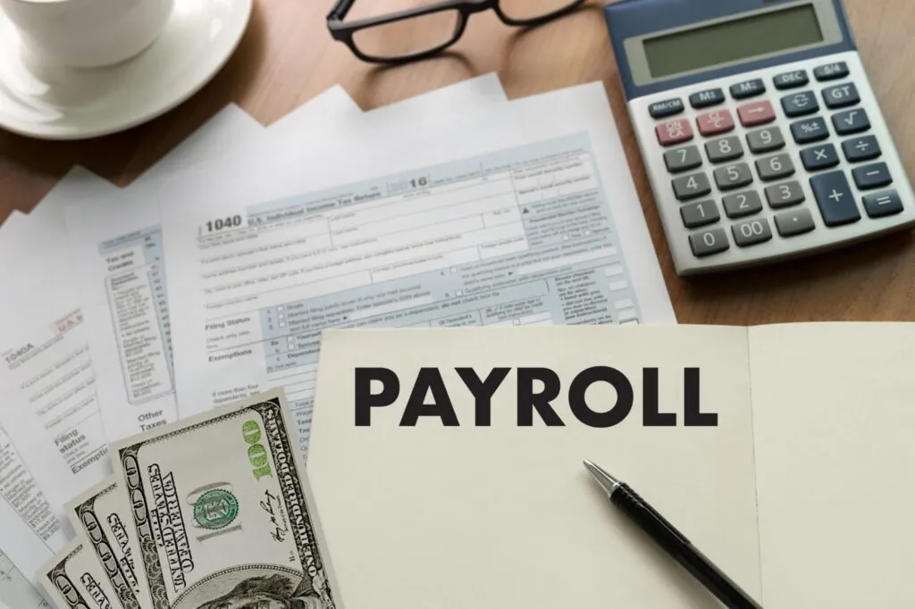 PAYROLL Businessman working Financial accounting concept