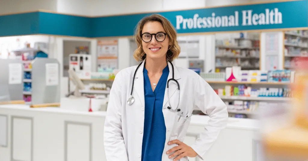 A pharmacist posing in front of a pharmacy counter.