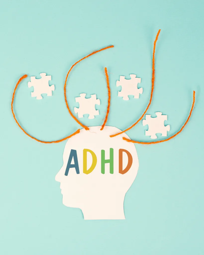 ADHD-themed graphic with puzzle pieces around a head silhouette.