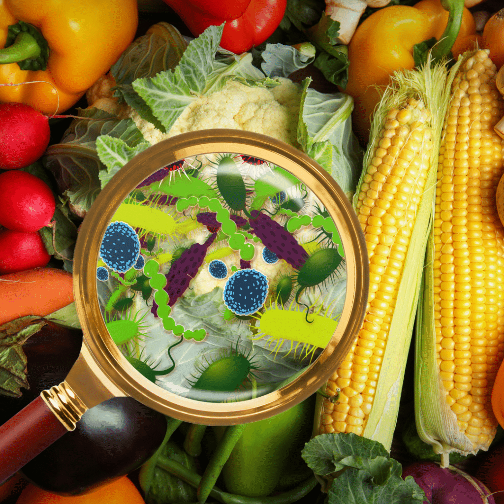 Magnifying glass showing bacteria contamination on fresh vegetables and corn.