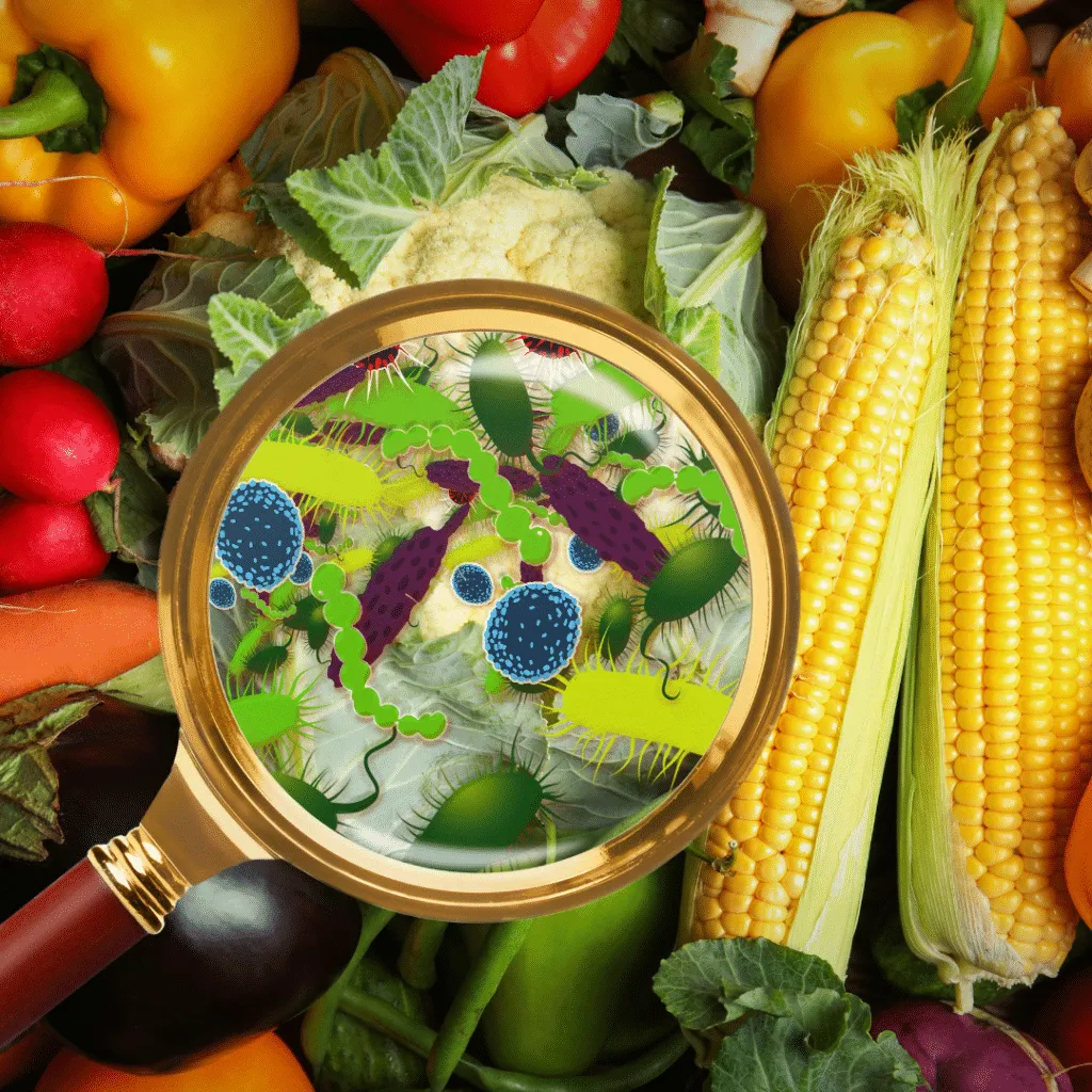 Magnifying glass showing bacteria contamination on fresh vegetables and corn.