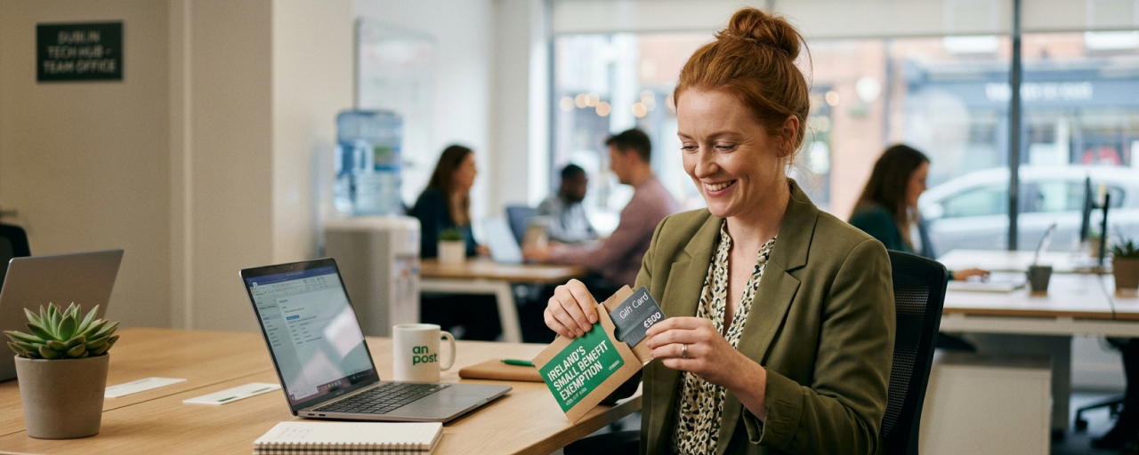 An employee unwrapping a gift card at work, representing Ireland's Small Benefit Exemption