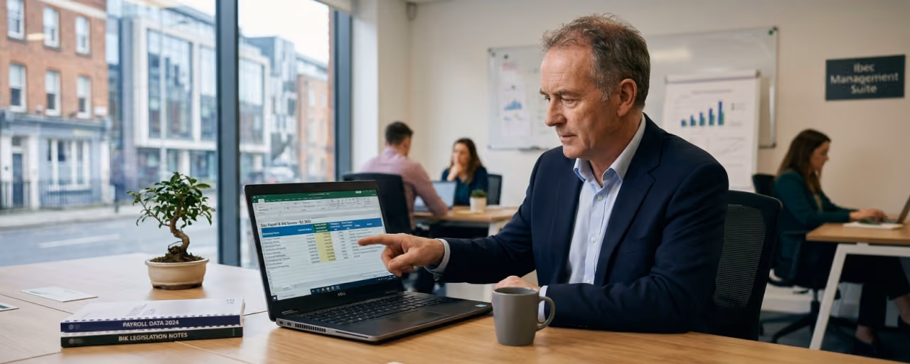 Irish employer reviewing payroll and benefit-in-kind figures on a laptop