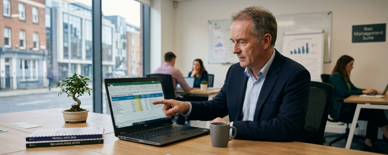 Irish employer reviewing payroll and benefit-in-kind figures on a laptop