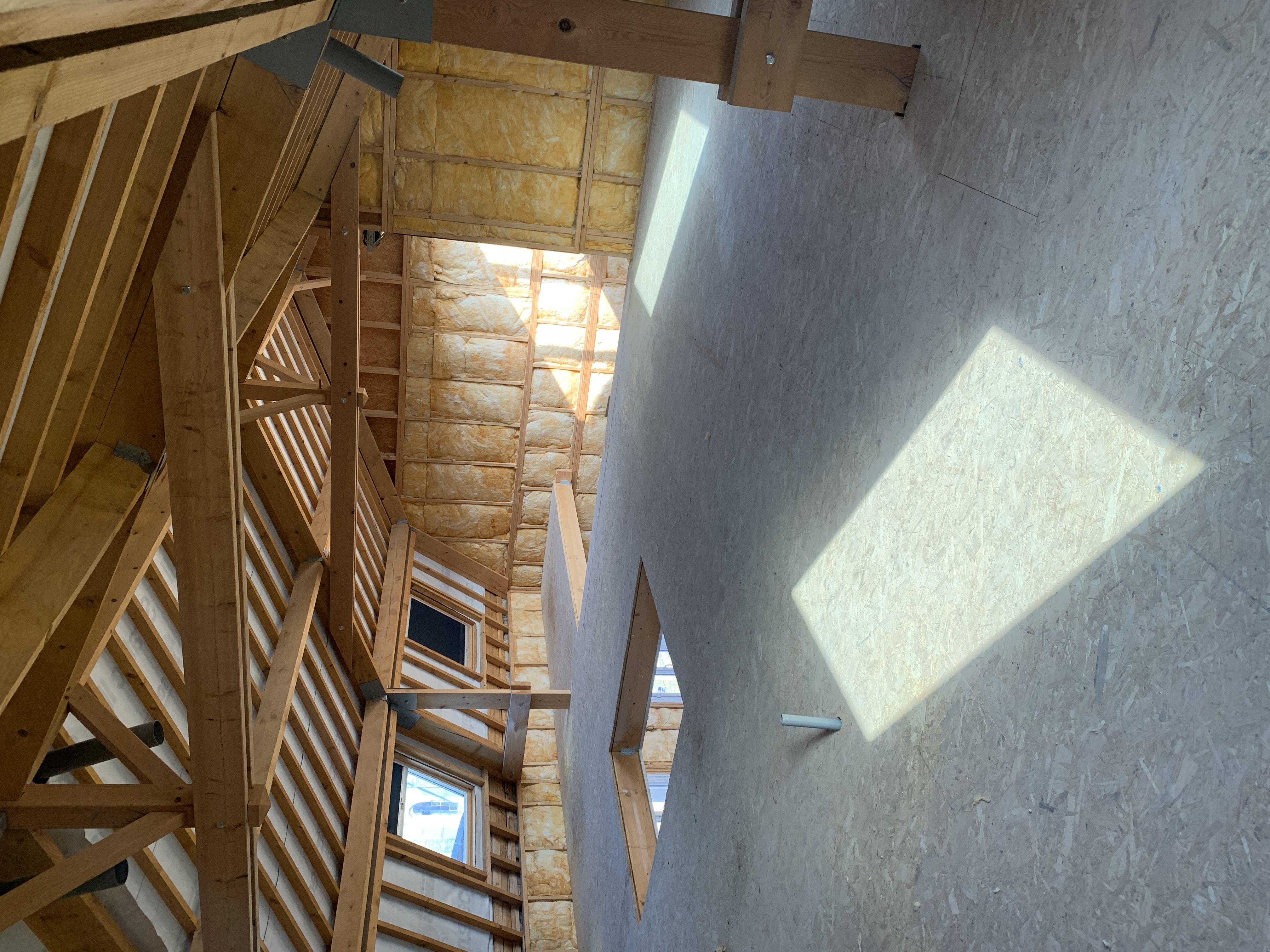 Spacious unfinished attic with exposed wood beams, insulated walls, and sunlight on the floor.
