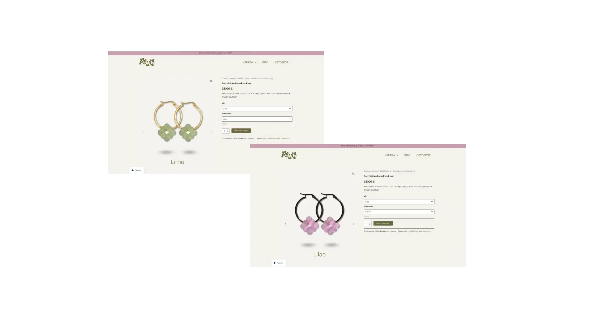 Screenshots of Paula Korut webshop by Karamell