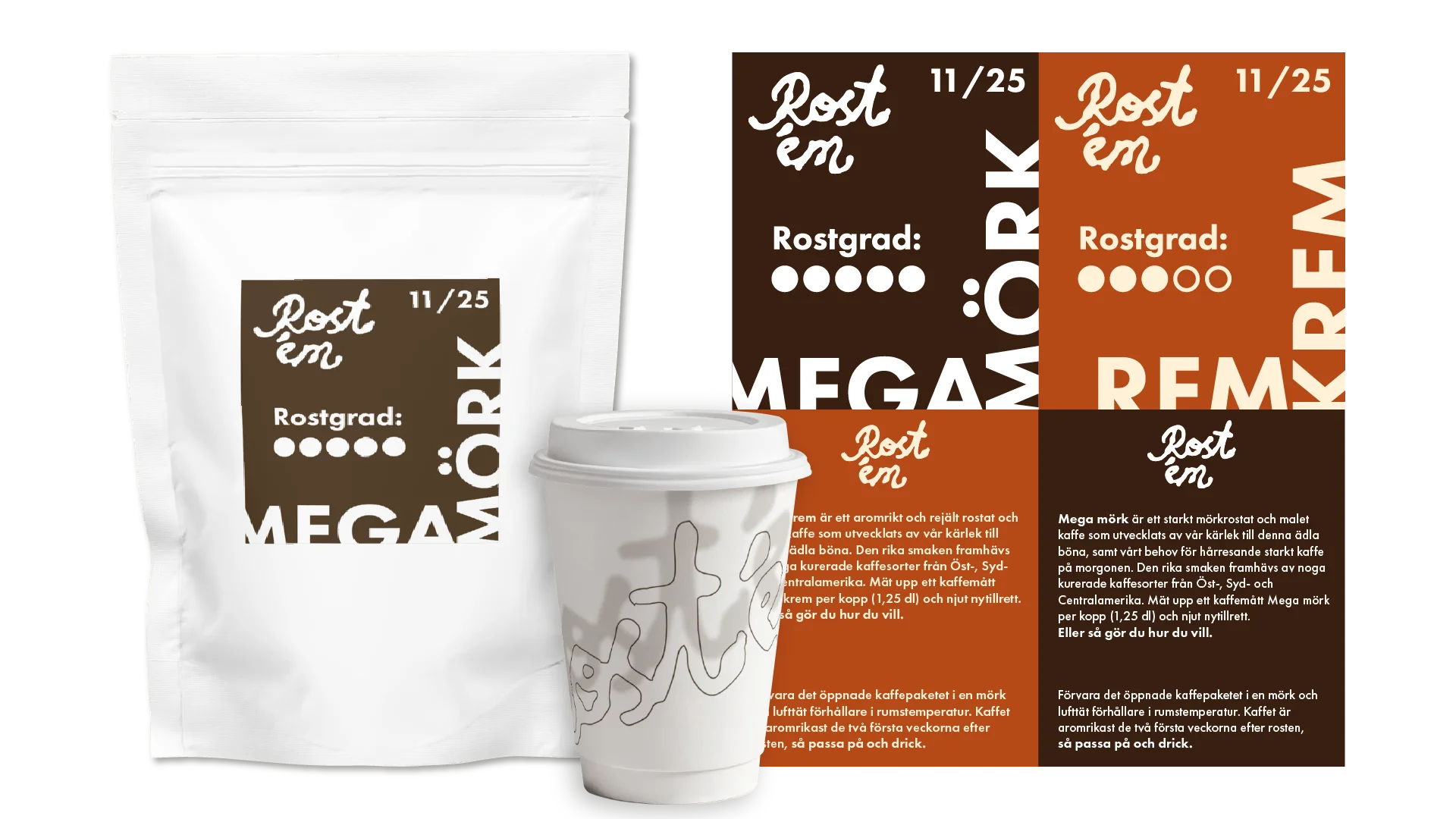 Mockups of coffee packaging, take-away mug and package labels by Karamell