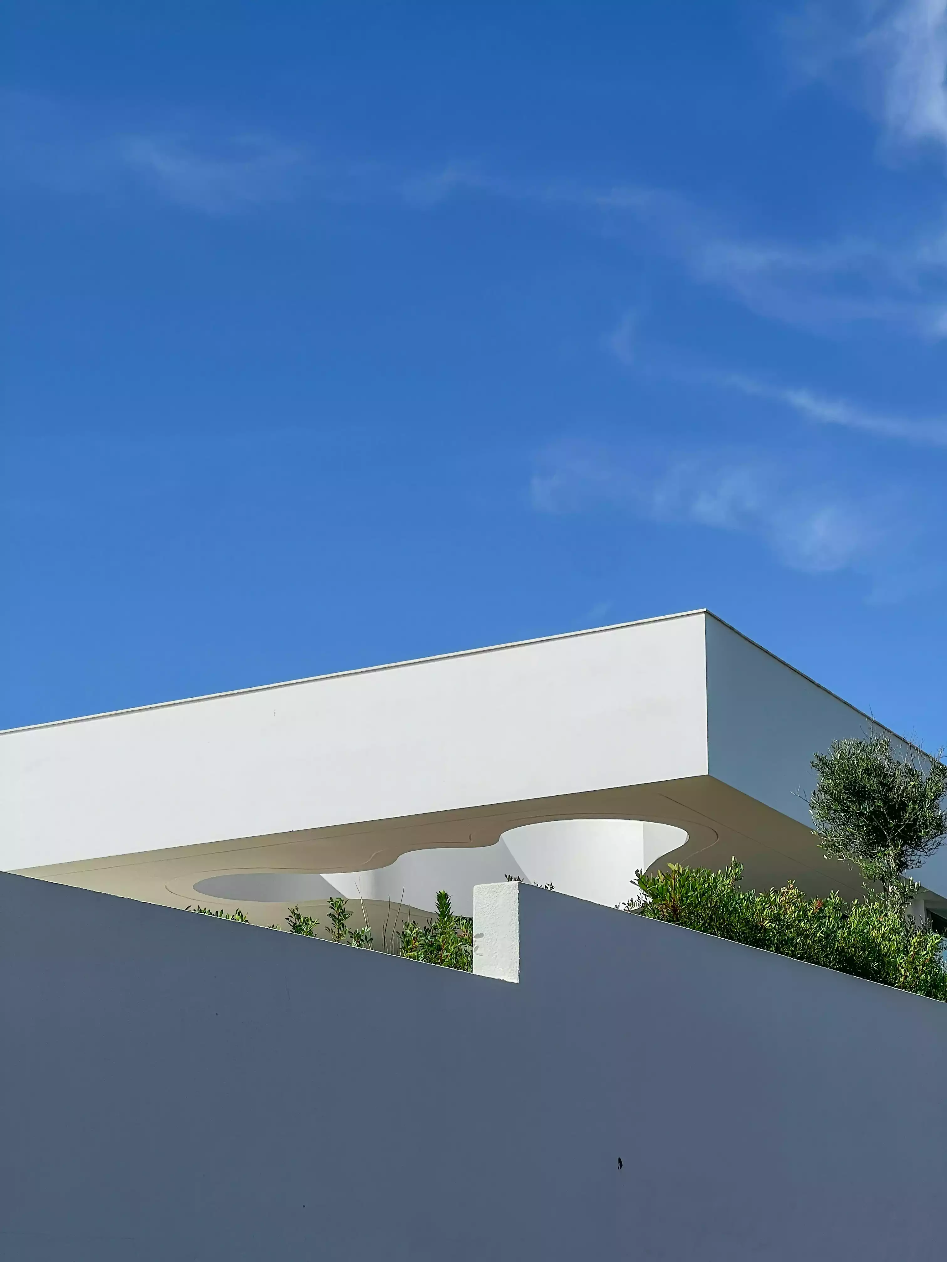 Modern white building with curved roof overhang, greenery, and clear blue sky background.