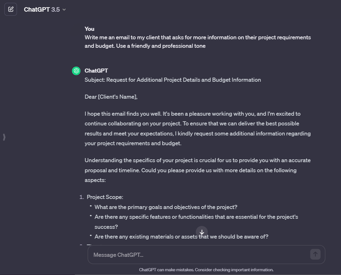 ChatGPT email writing request