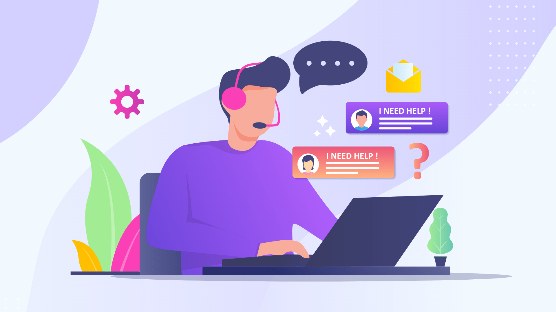 A customer support guy with headphones answering people on live chat.