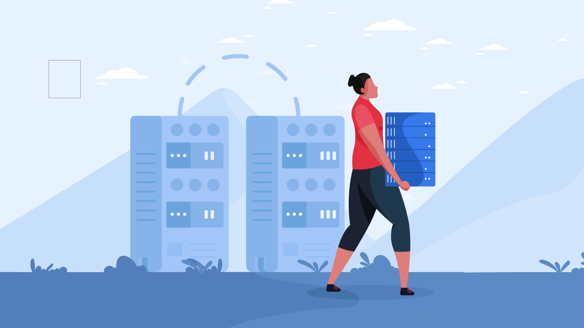 A woman carrying a box with Facebook data.