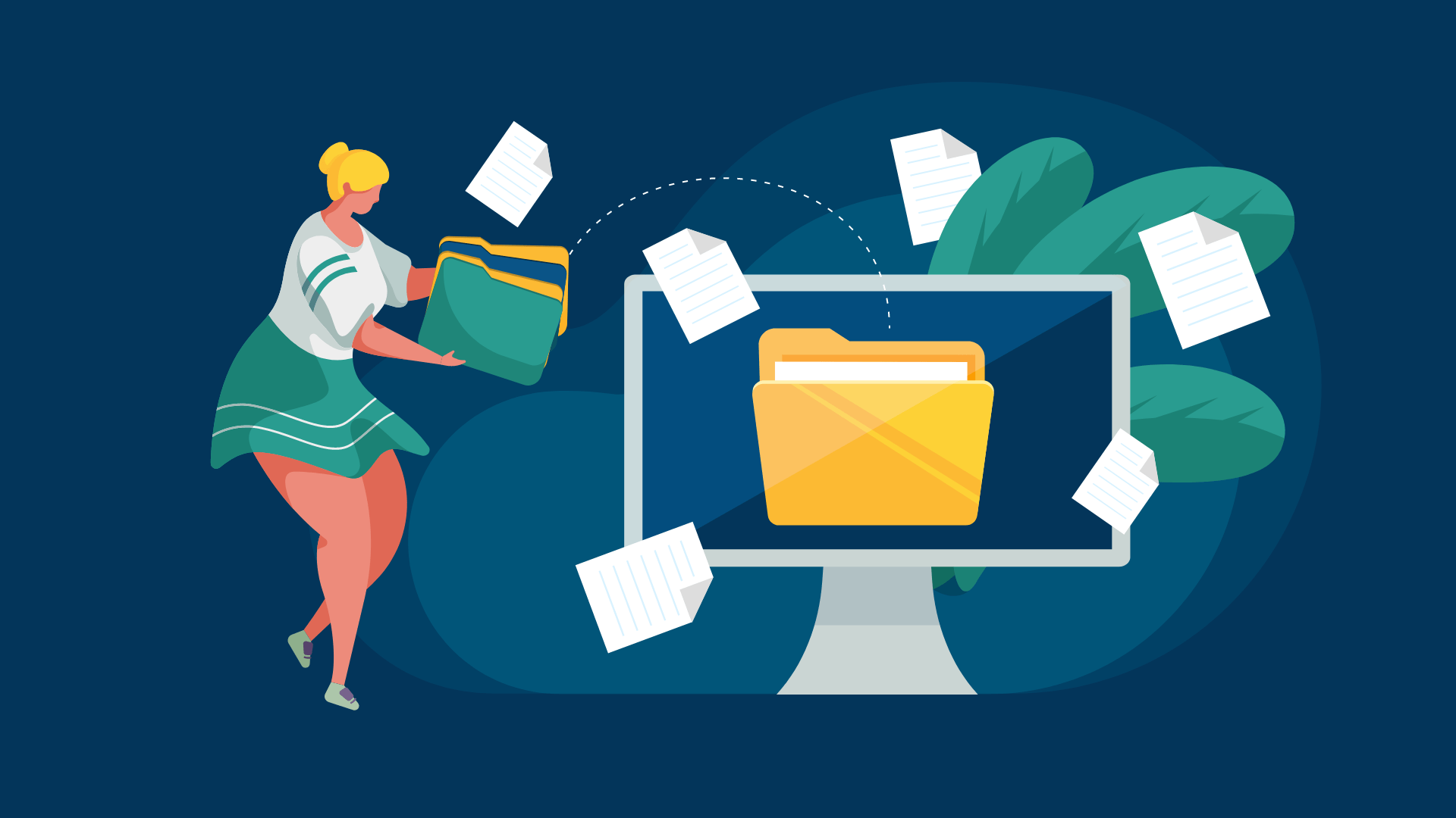 A woman working with files and folders in electronic document management system (EDMS).