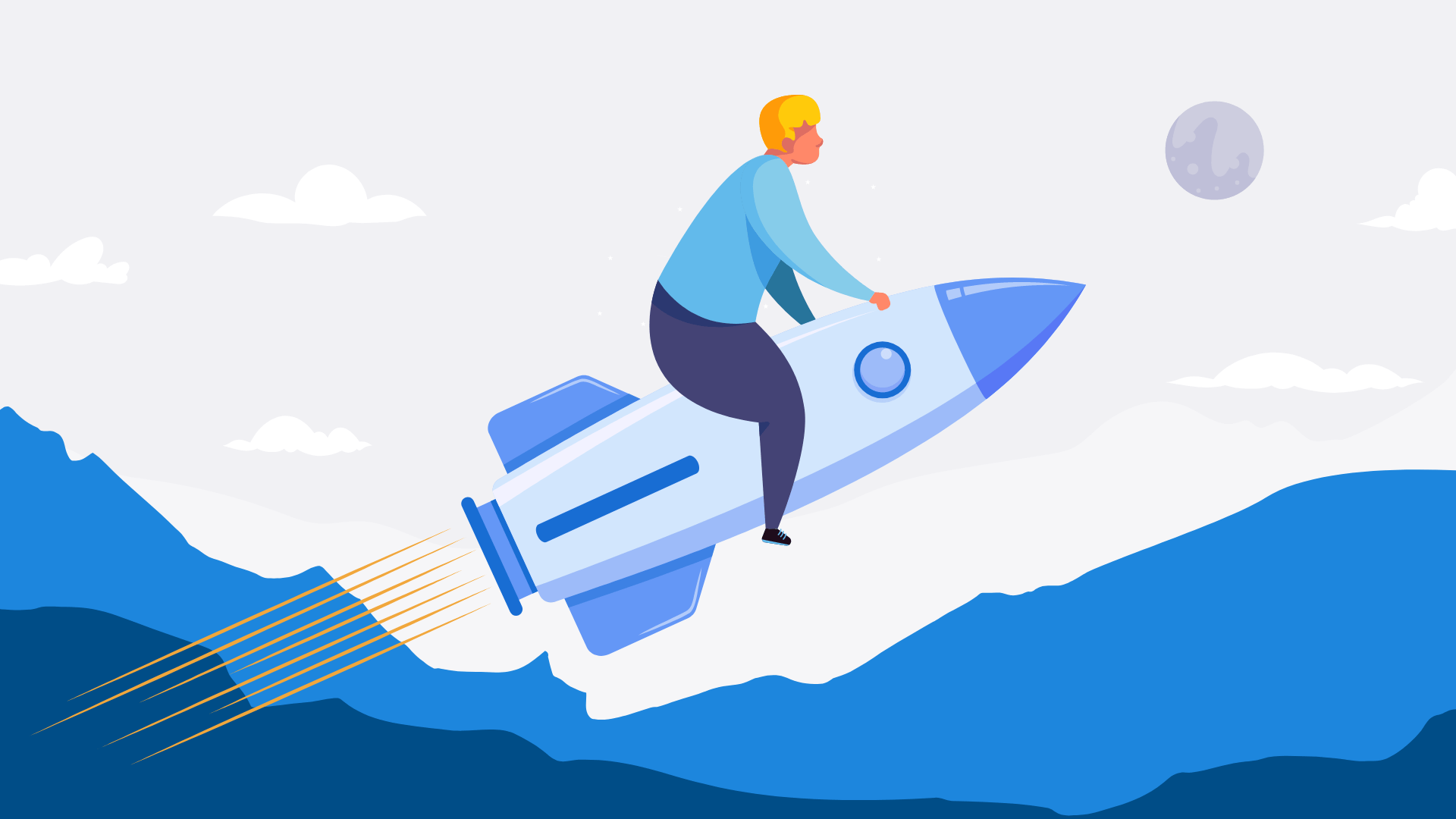 A man sitting on a rocket heading to the sky.