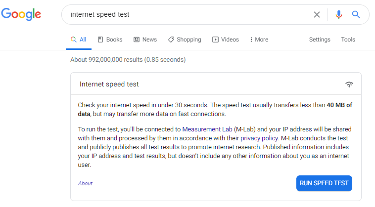 User searching for internet speed test