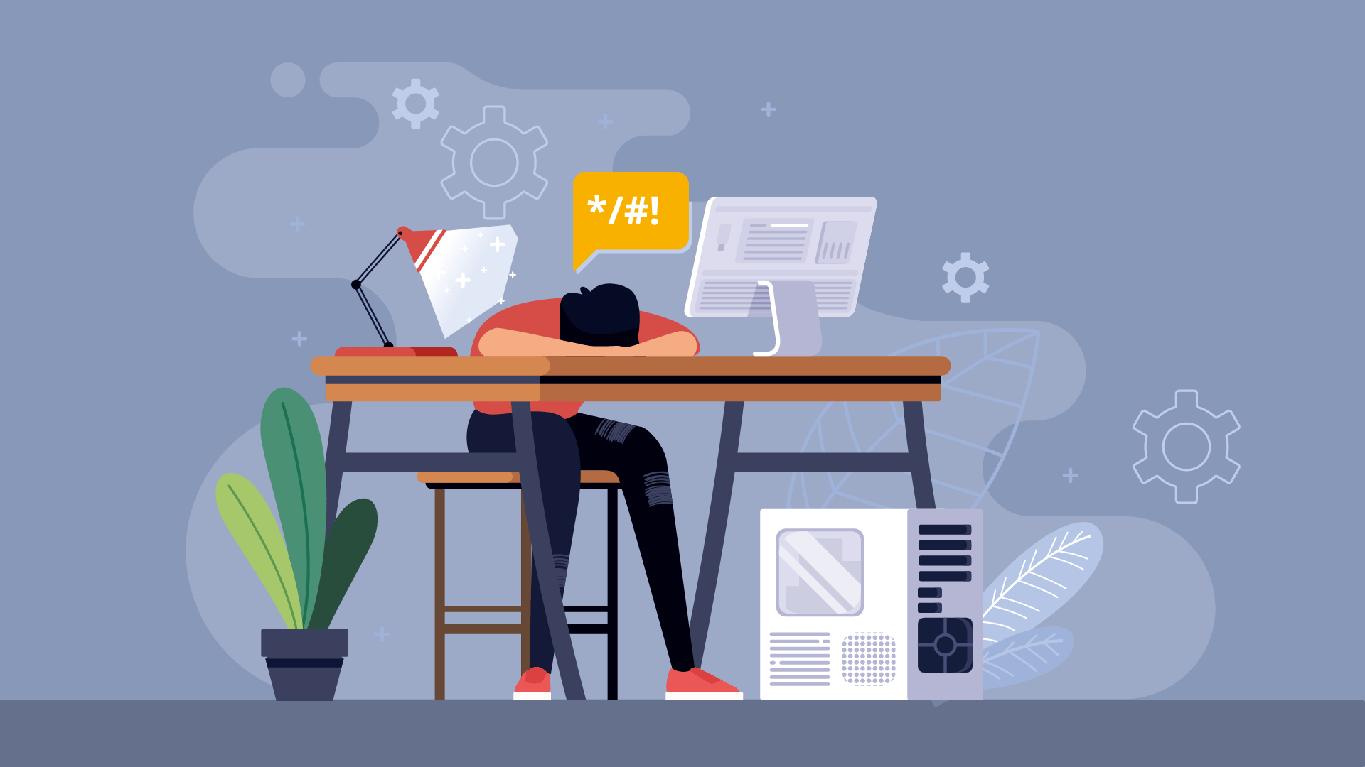 A tired office worker dealing with automation errors.