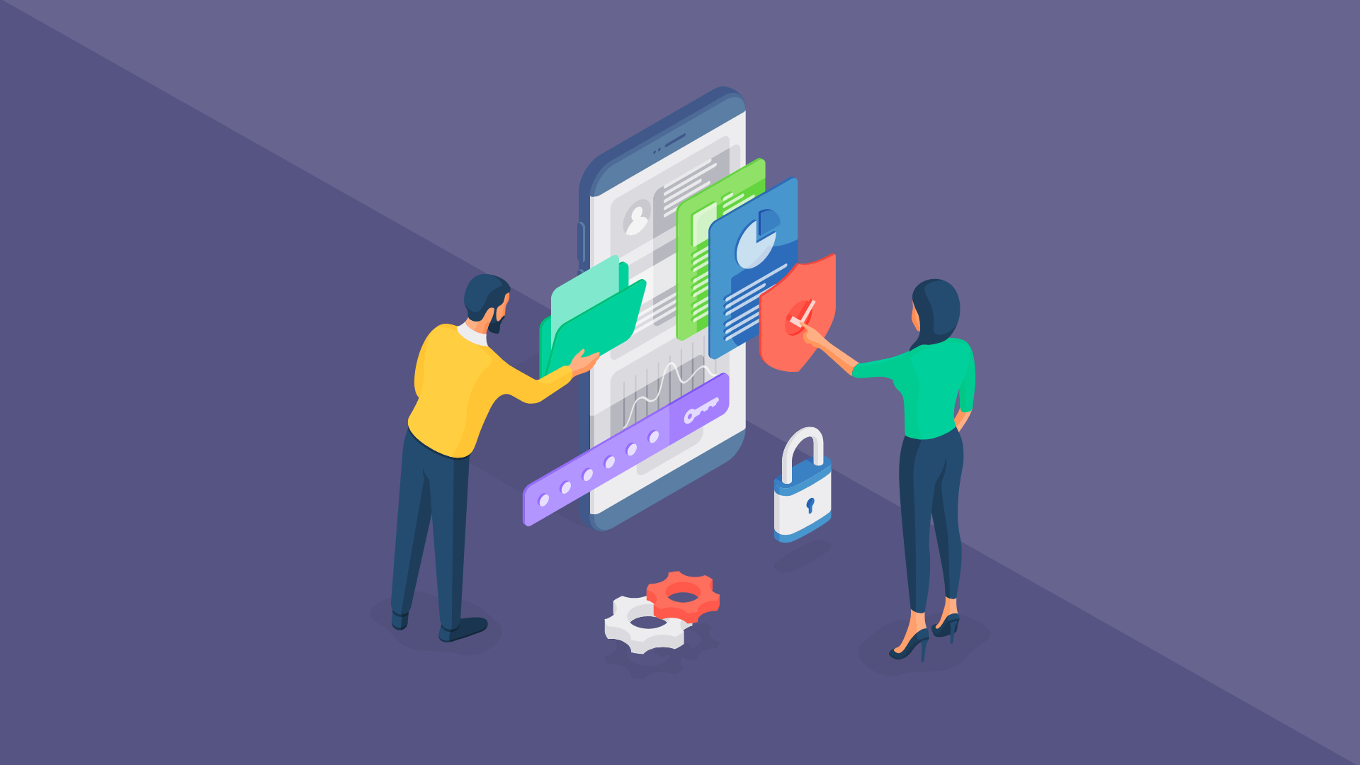 Two people by the screen choosing a software for their business.