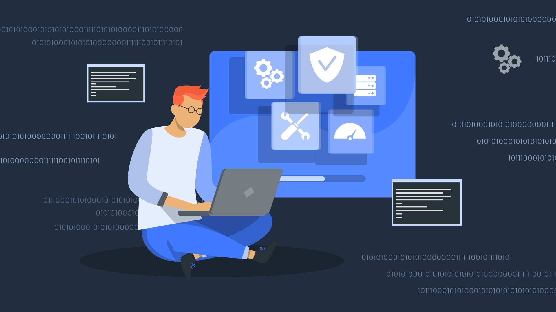 An IT guy with a laptop working on an update of legacy systems.
