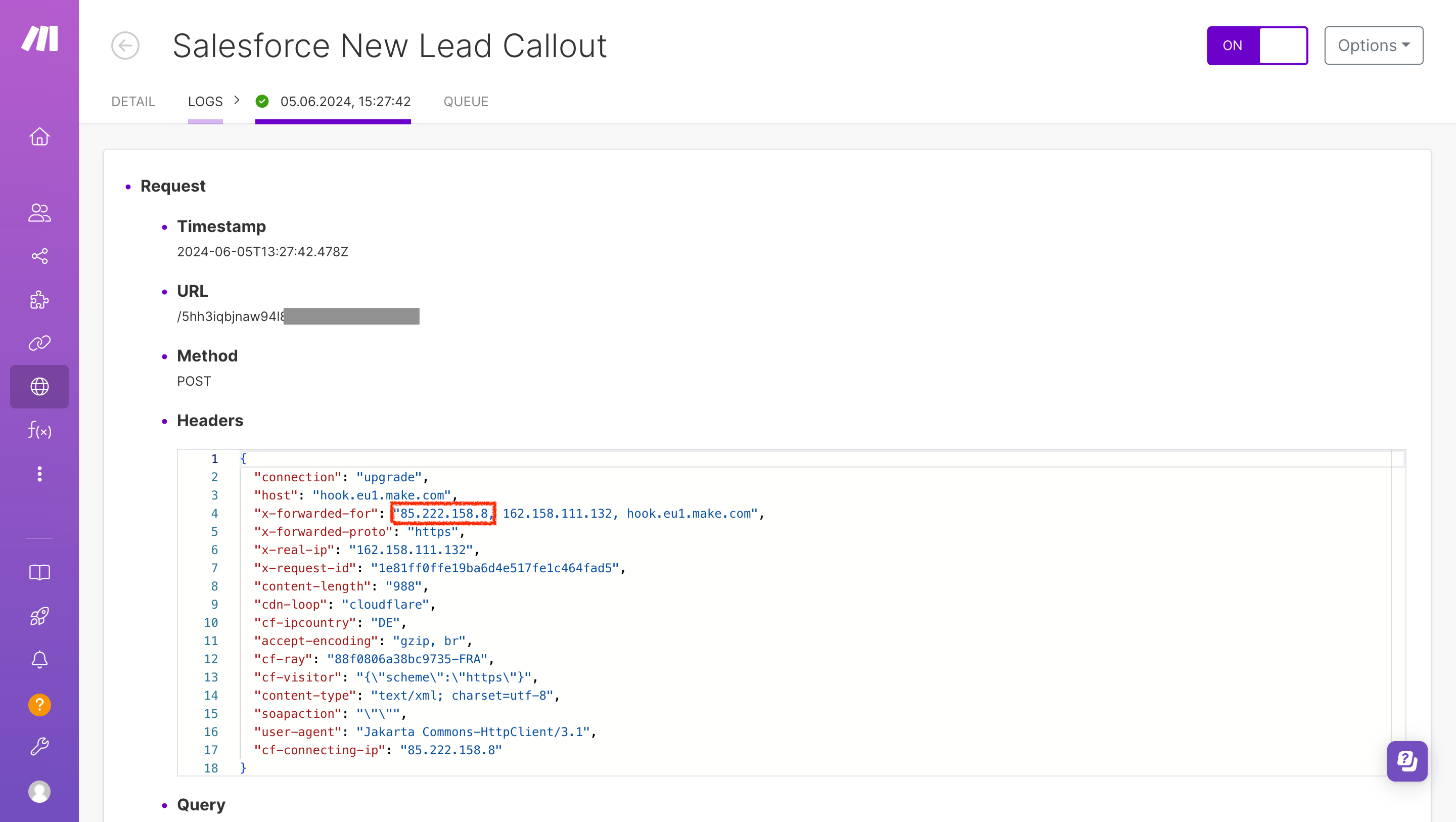 Webhook log entry