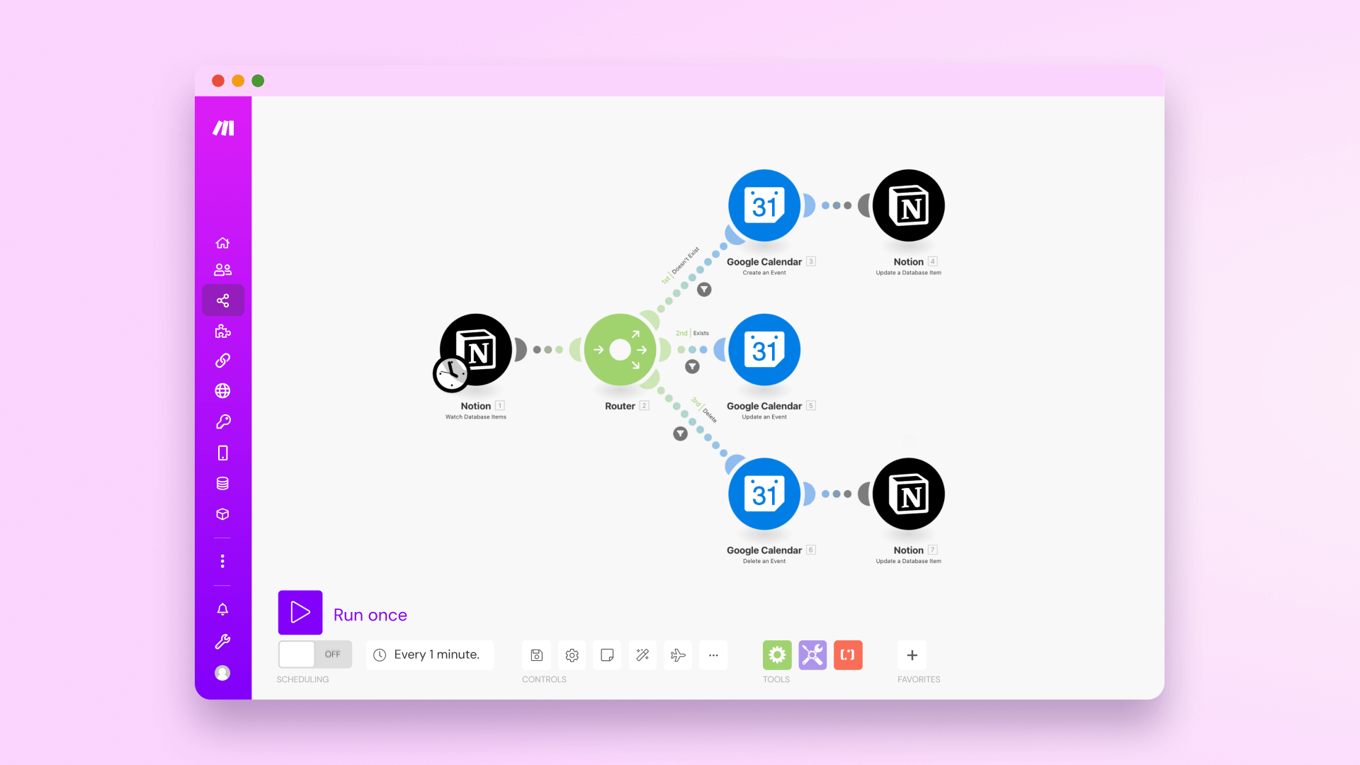 An example Make scenario for marketers using Notion: a Notion webhook sends data to a router, which filters the data through one of three branches, updating the user's Google Calendar accordingly.