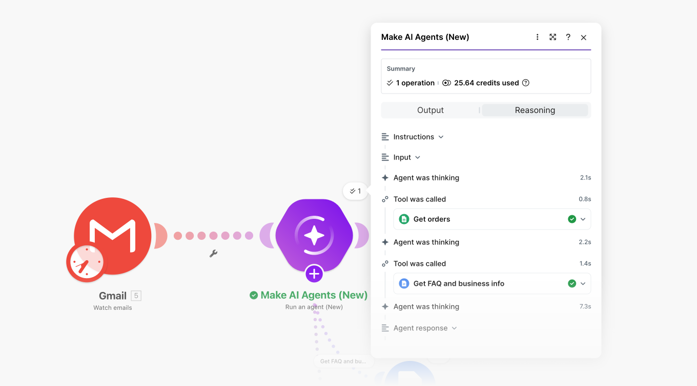 Agent execution history showing decision tree and reasoning
