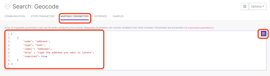 Mappable parameters tab