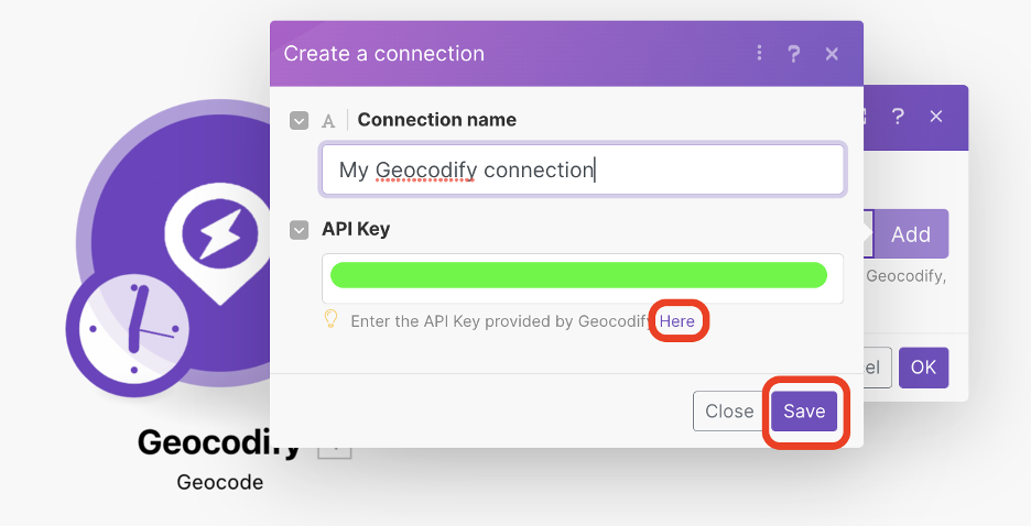 Entering the Geocodify API key