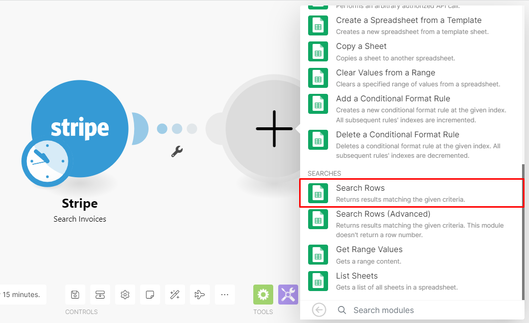 Google Sheets Search rows module
