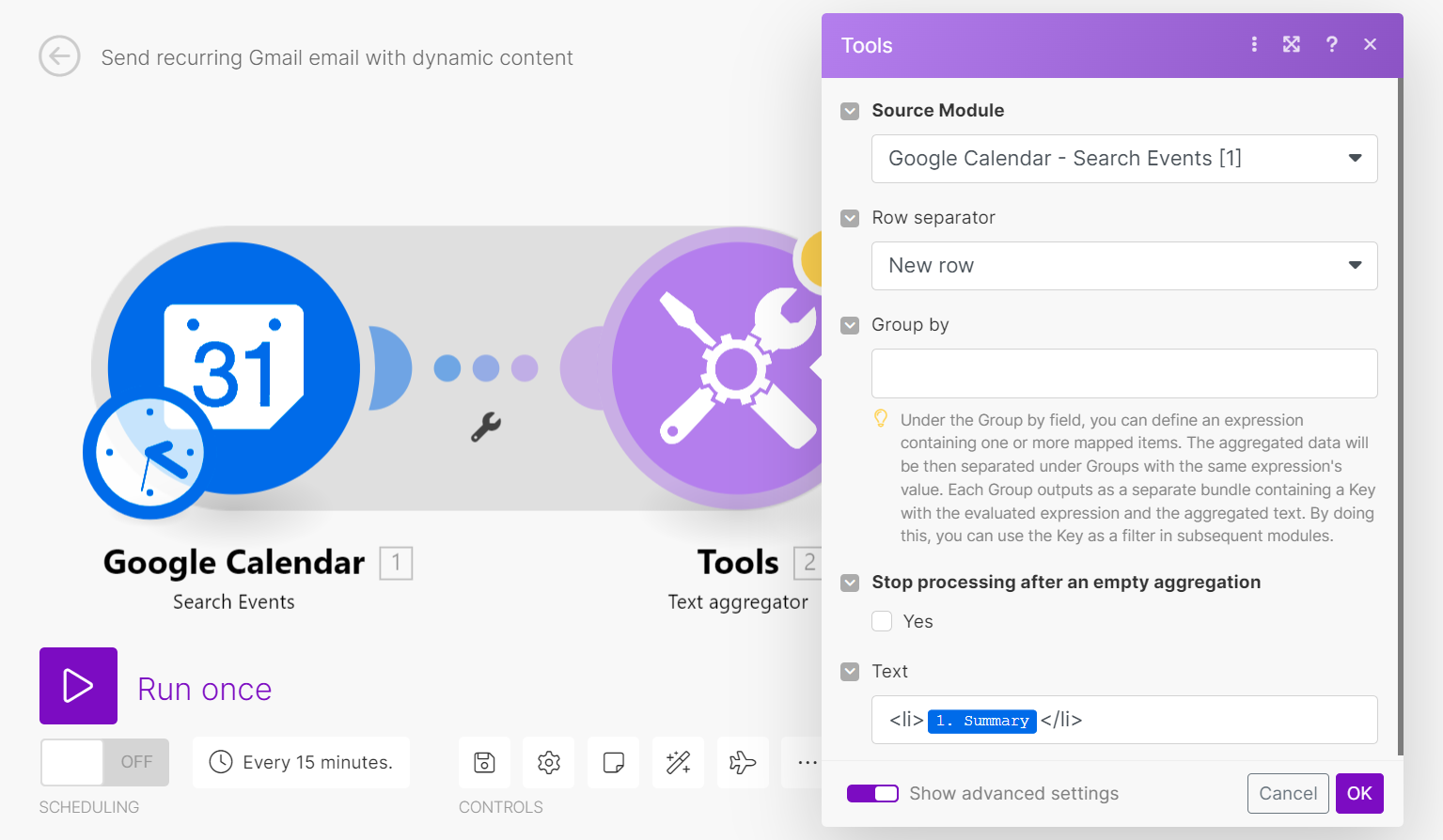 Text aggregator settings