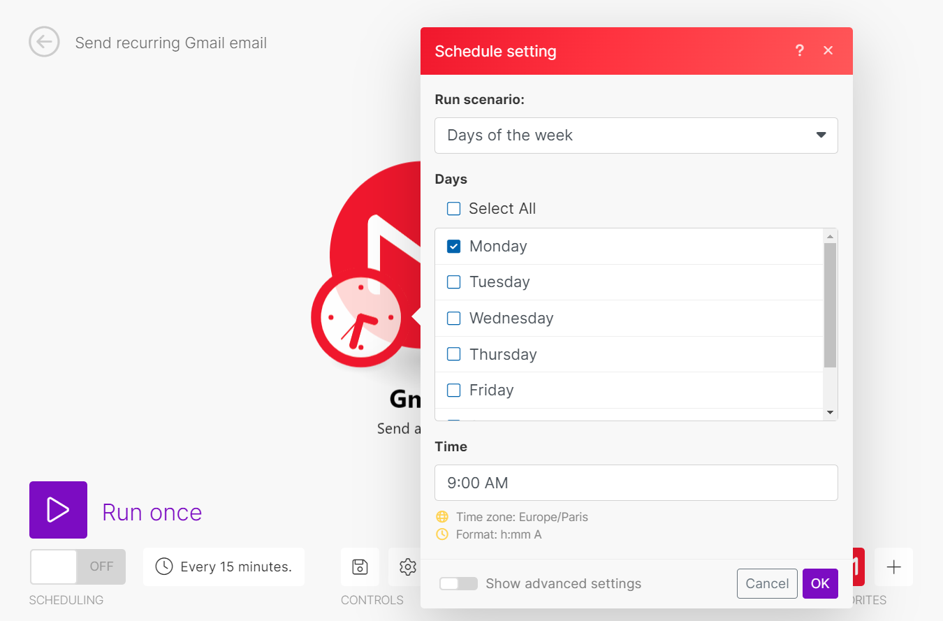 Scenario schedule
