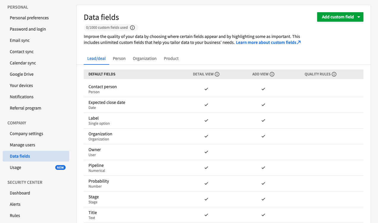 Pipedrive data fields settings